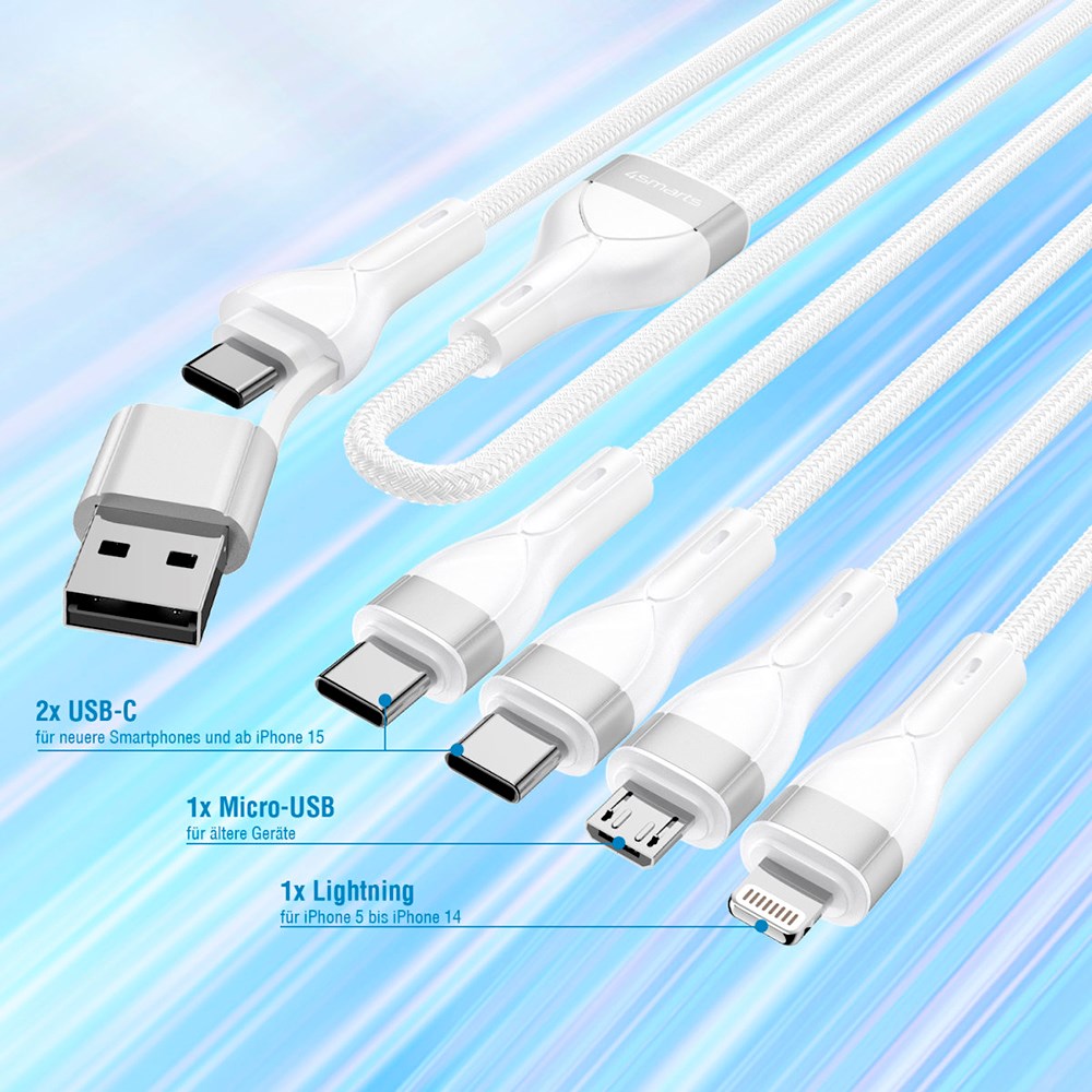 4smarts 4in2 15W Multi-Charging Kabel - 2 x USB-C / Lightning / Micro USB 120cm - Hvit