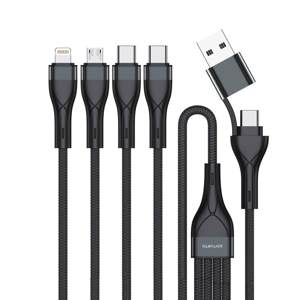 4smarts 4in2 15W Multi-Charging Kabel - 2 x USB-C / Lightning / Micro USB 120cm - Svart