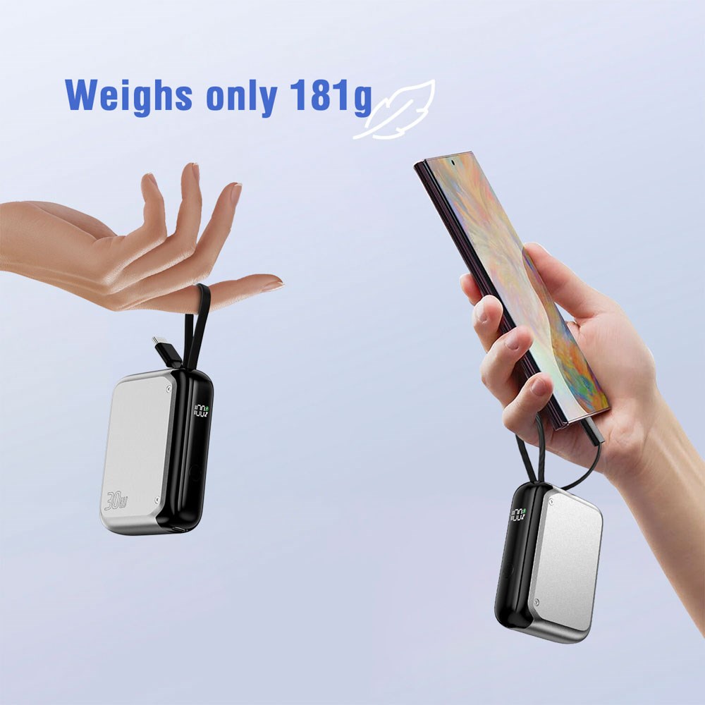 4smarts 10 000 mAh Pocket Powerbank med Integrert USB-C-Kabel 30 W - Sølv