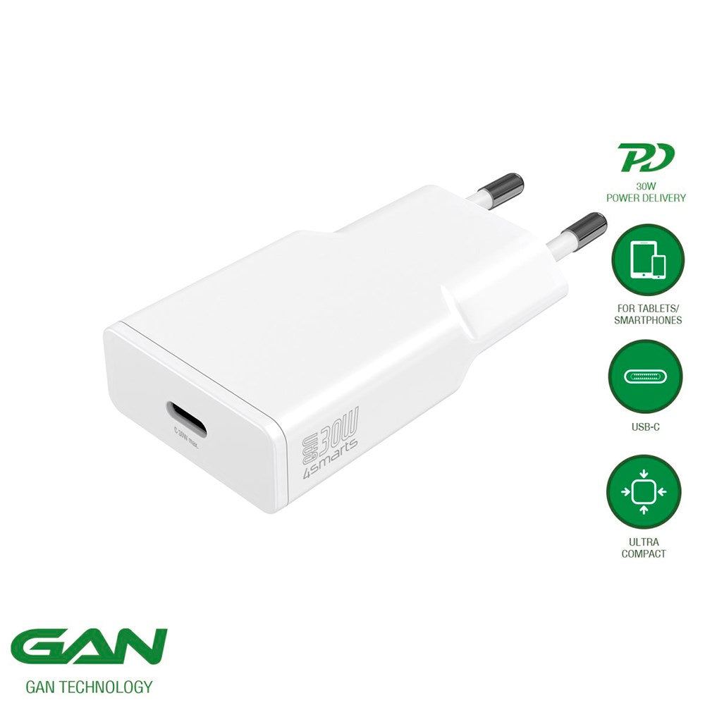 4Smarts PD Slim Vegglader GaN 30W med USB-C - Hvit