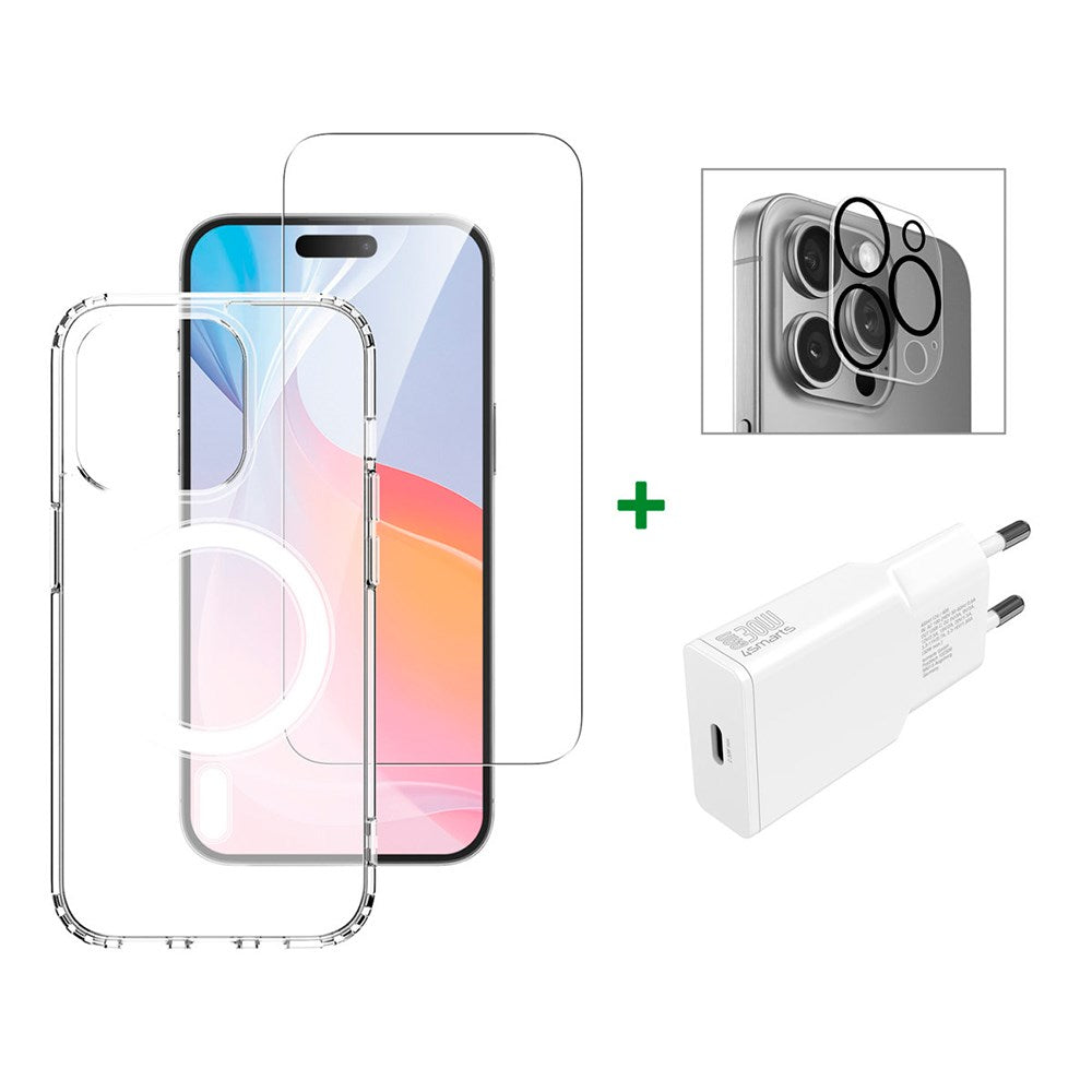 iPhone 16 Pro 4smarts Premium Starter Set - MagSafe Deksel, Beskyttelse for Skjerm og Kameralinse & 30W Vegglader - Gjennomsiktig / Hvit