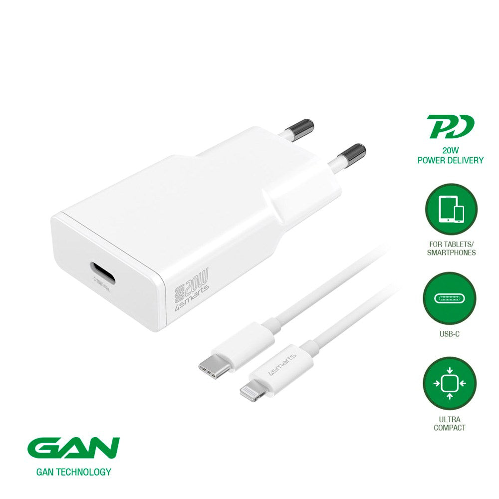 4smarts - Vegglader USB-C til Lightning Kabel - 20W / 1.5m - Hvit