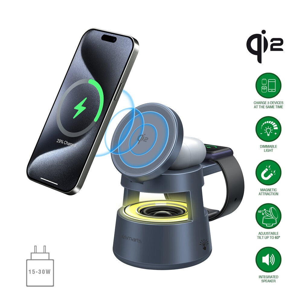 4smarts 3-i-1 Trådløs Lader med Innebygd Lys & Bluetooth for Smarttelefon / Smartklokke / AirPods - MagSafe / Qi2 Kompatibel - Grå