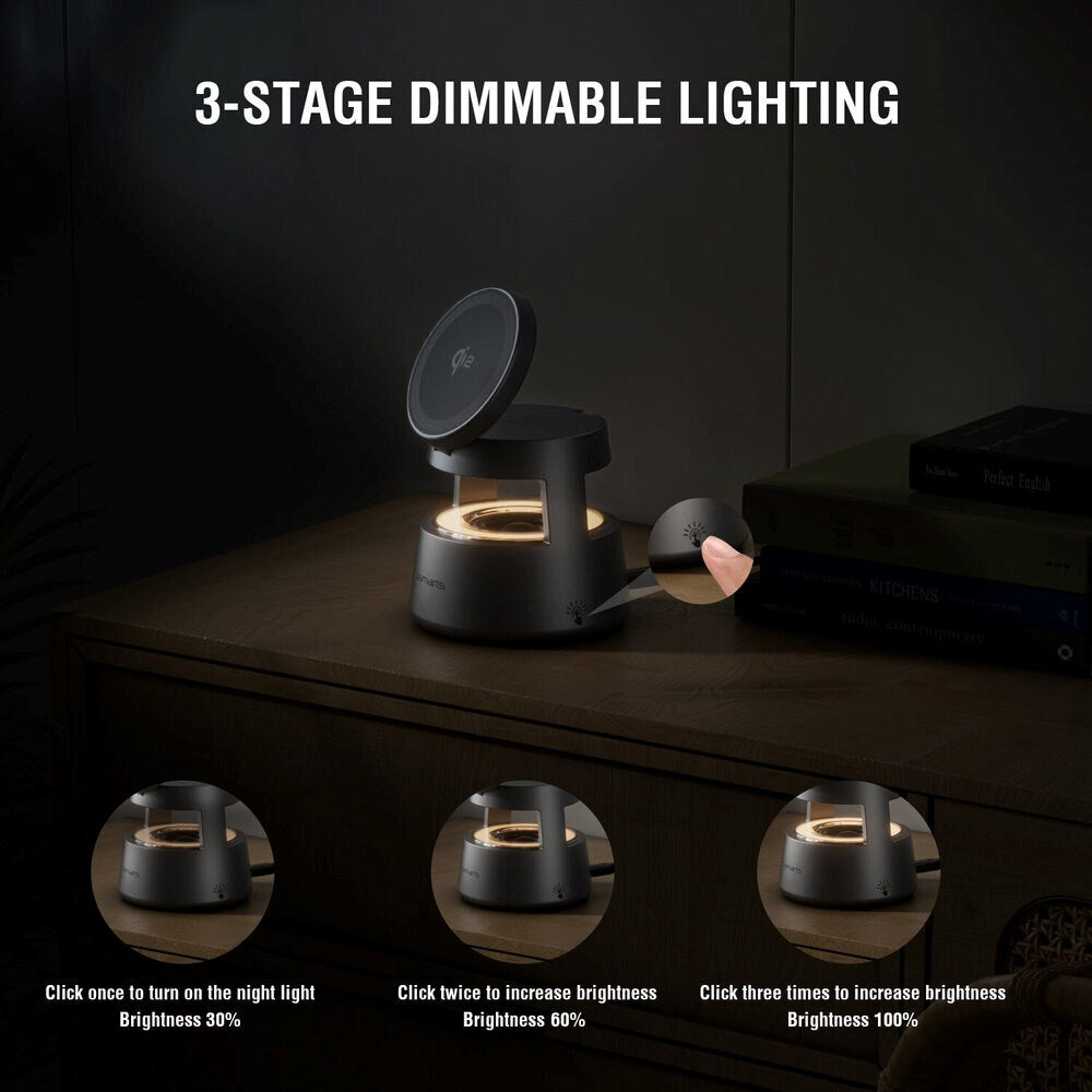 4smarts 3-i-1 Trådløs Lader med Innebygd Lys & Bluetooth for Smarttelefon / Smartklokke / AirPods - MagSafe / Qi2 Kompatibel - Grå