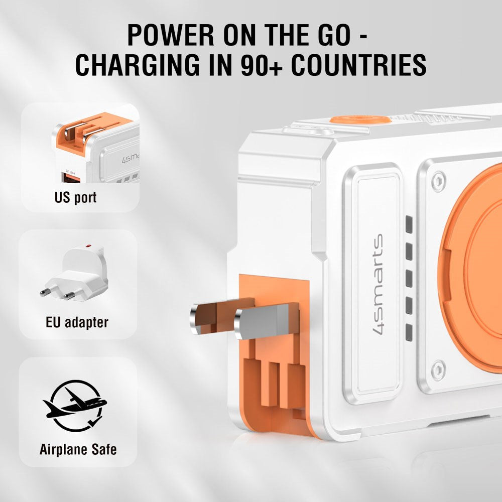 4smarts 6-i-1 10 000 mAh Hybrid Powerbank / Trådløs Lader / Reiseadapter - Hvit / Oransje