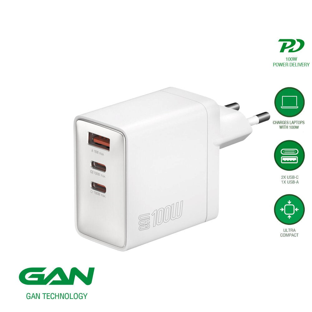 4smarts 100W Vegglader m. 1x USB-A & 2x USB-C – Hvit
