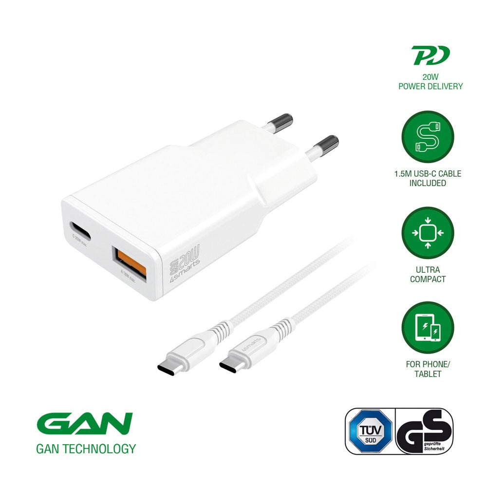 4smarts PDPlug Slim 20W Vegglader med 1 x USB-A & 1 x USB-A & Innebygd USB-C-Kabel - Hvit