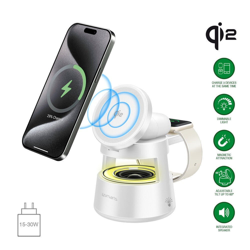 4smarts 3-i-1 Trådløs Lader med Innebygd Lys & Bluetooth for Smarttelefon / Smartklokke / AirPods - MagSafe / Qi2 Kompatibel - Hvit