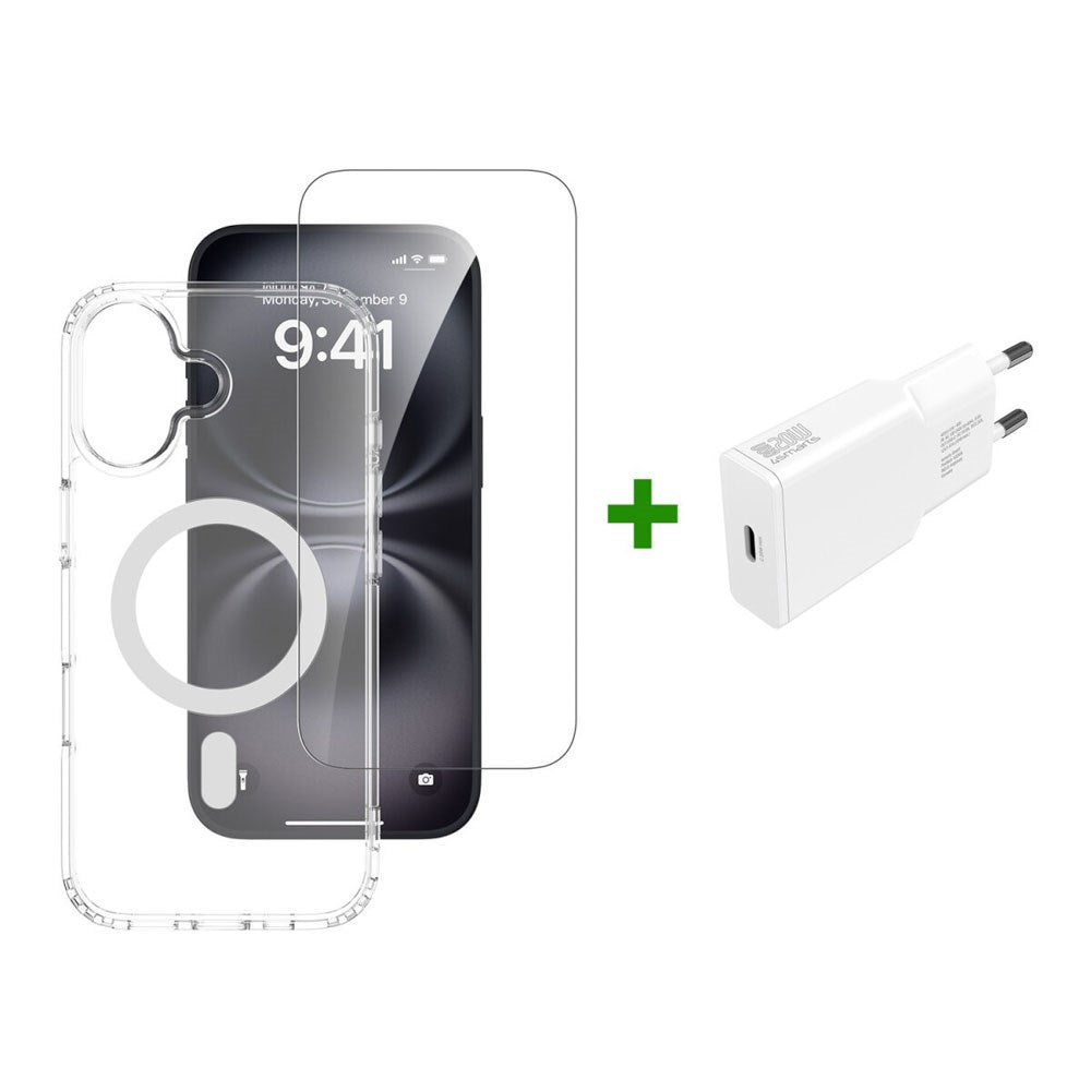 iPhone 17 4Smarts 3-i-1 Premium Starter Set - MagSafe Deksel, Skjermbeskyttelse & 20W Vegglader - Gjennomsiktig / Hvit