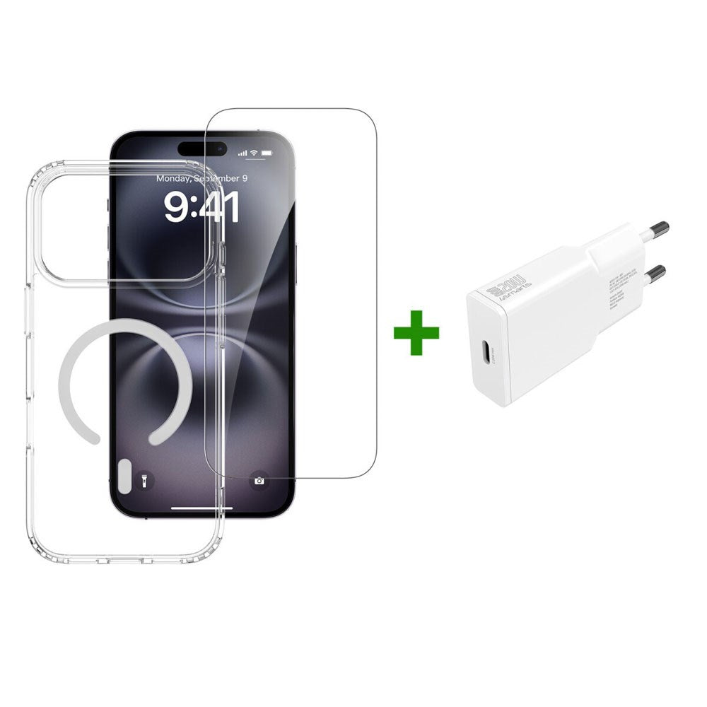 iPhone 17 Pro Max 4Smarts 3-i-1 Premium Starter Set - MagSafe Deksel, Skjermbeskyttelse & 20W Vegglader - Gjennomsiktig / Hvit