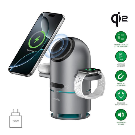 4smarts ChargeBot Sound 3-i-1 Trådløs Lader med Bluetooth-Høyttaler - Smarttelefon / Smartklokke / AirPods - MagSafe / Qi2 Kompatibel - Grå