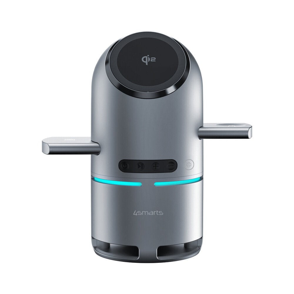 4smarts ChargeBot Sound 3-i-1 Trådløs Lader med Bluetooth-Høyttaler - Smarttelefon / Smartklokke / AirPods - MagSafe / Qi2 Kompatibel - Grå