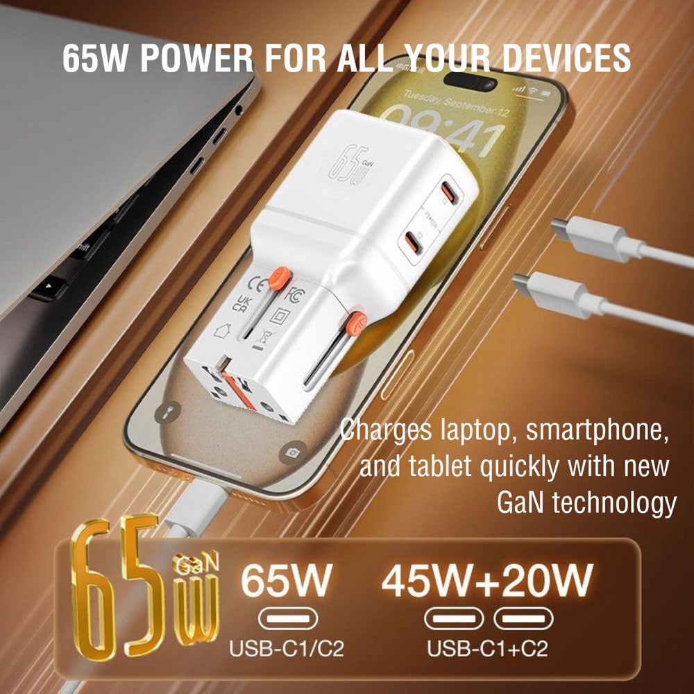 4smarts 65W Reiseadapter for EU/UK/US/AUS med 2 x USB-C & 1 x USB-A Adapter - Hvit