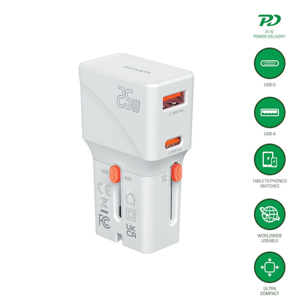 4smarts 25W Reiseadapter for EU/UK/US/AUS med 1 x USB-C 1 x USB-A - Hvit