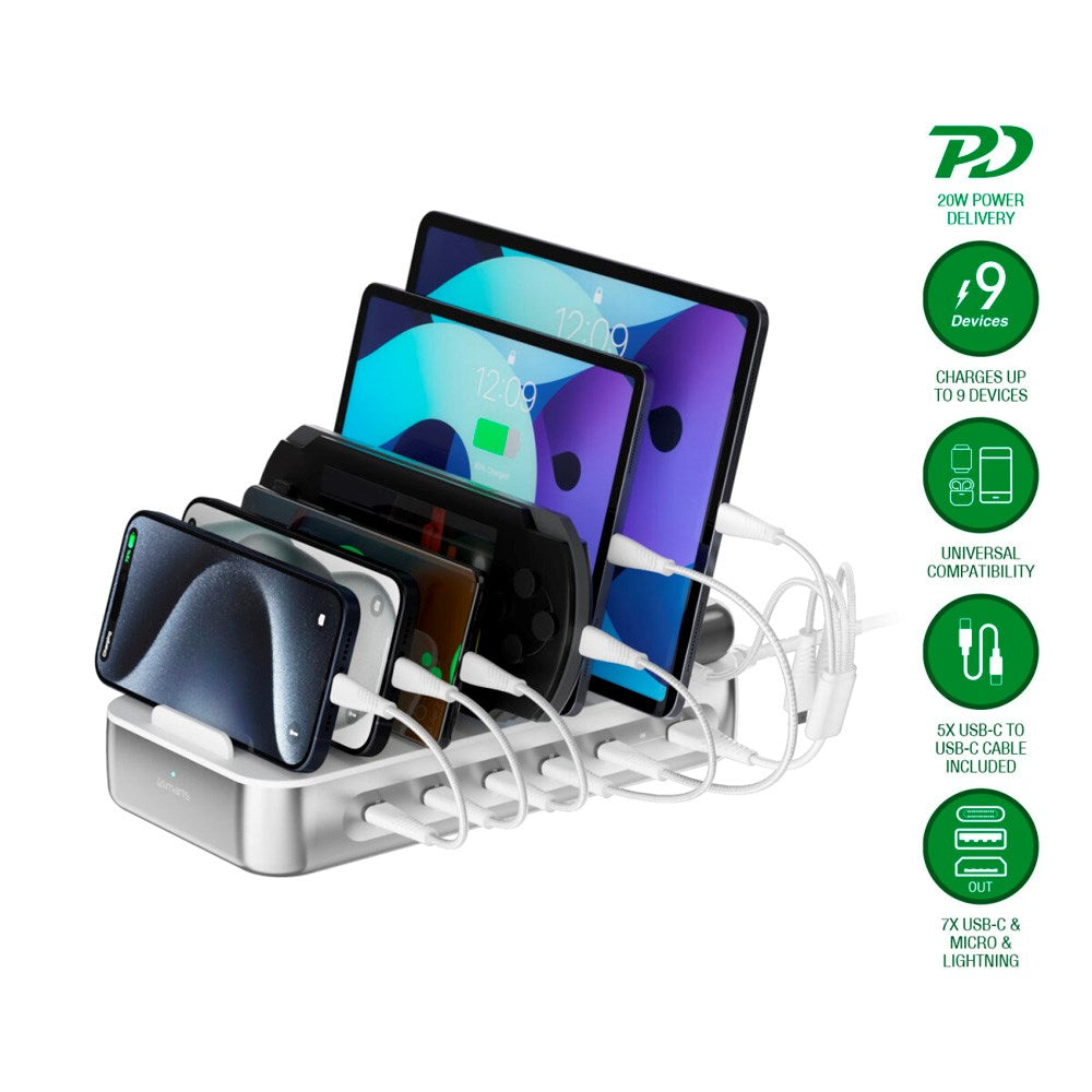 4smarts Ladestasjon m. 9 Lademuligheter - 5x USB-C Kabel & 1x 4-i-1 Multikabel - 100W - Sølv