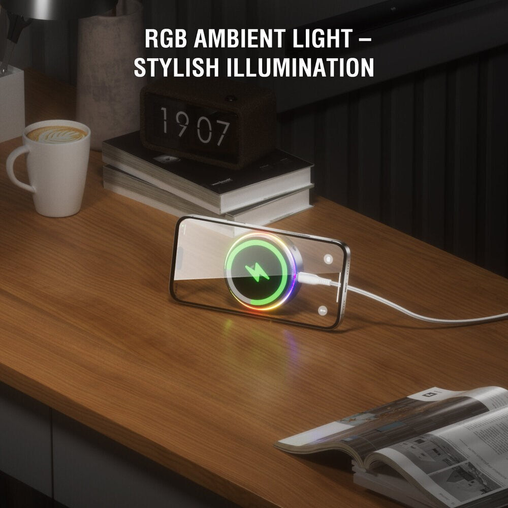 4smarts Trådløs Lader med Innebygd Kjøling & RGB-Lys - MagSafe / Qi2 Kompatibel - Grå