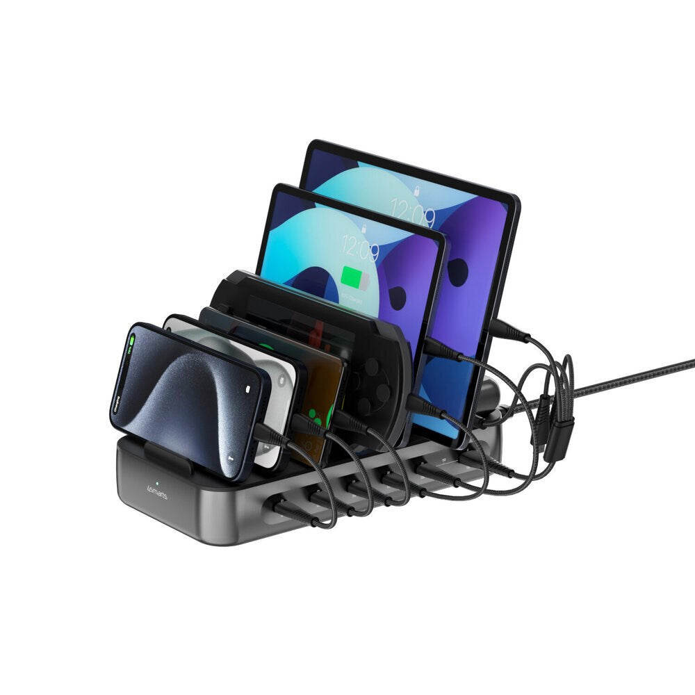 4smarts Ladestasjon m. 9 Lademuligheter - 5x USB-C Kabel & 1x 4-i-1 Multikabel - 100W - Svart