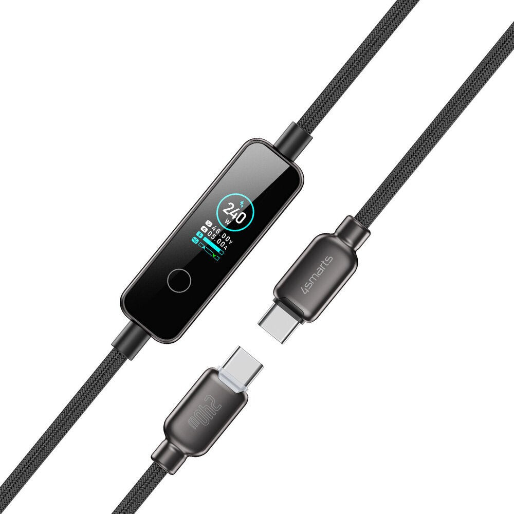 4smarts ScreenCord 240W USB-C til USB-C Kabel med Innebygd Skjerm - 1,2m - Svart