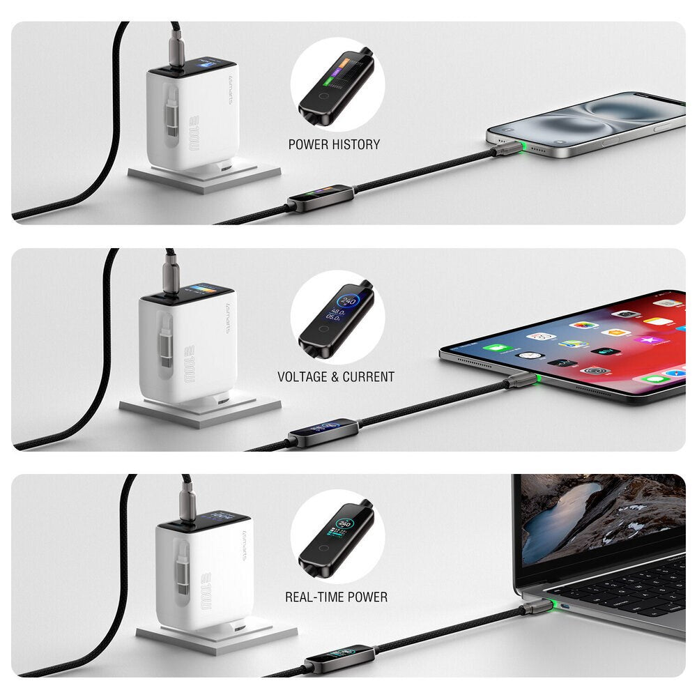 4smarts ScreenCord 240W USB-C til USB-C Kabel med Innebygd Skjerm - 1,2m - Svart
