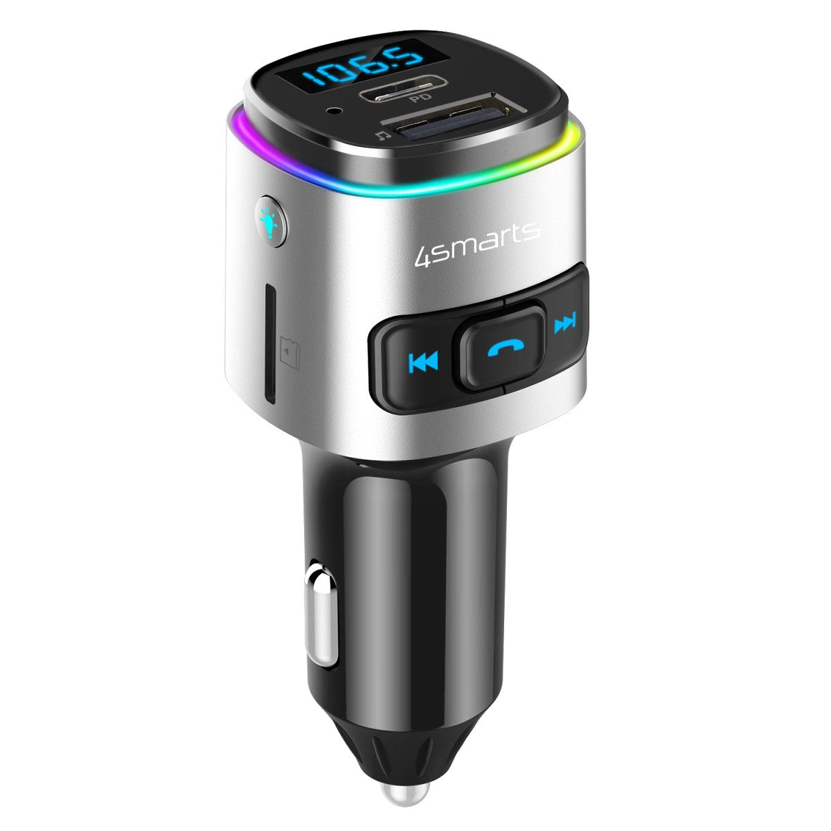 4smarts Media & Assist 2 - Bluetooth FM-Transmitter & Billader med USB-C (PD) / USB-A - Sølv