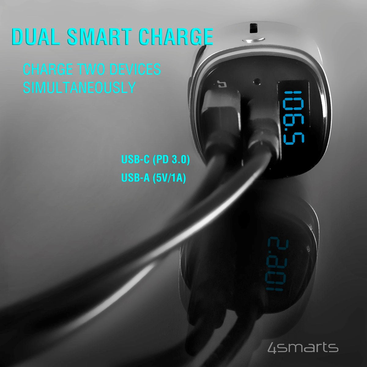 4smarts Media & Assist 2 - Bluetooth FM-Transmitter & Billader med USB-C (PD) / USB-A - Sølv