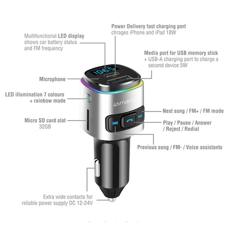 4smarts Media & Assist 2 - Bluetooth FM-Transmitter & Billader med USB-C (PD) / USB-A - Sølv