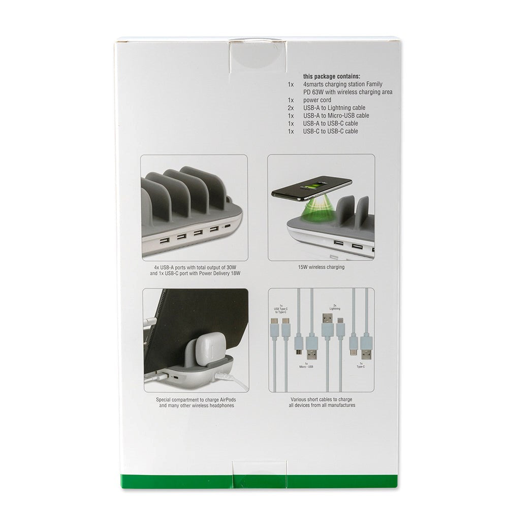 4Smarts Charging Station Family Evo Version 63W m. Trådløs Lader, 5 x Laderkabler & Airpod Laderstativ - Hvit / Grå