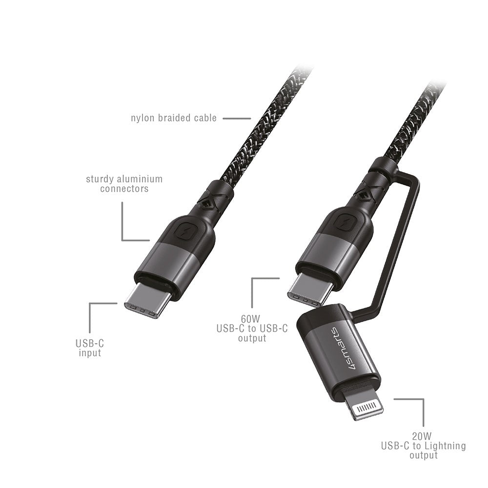 4Smarts ComboCord USB-C til USB-C eller Lightning Kabel - 60W PD - 1,5m. - Svart