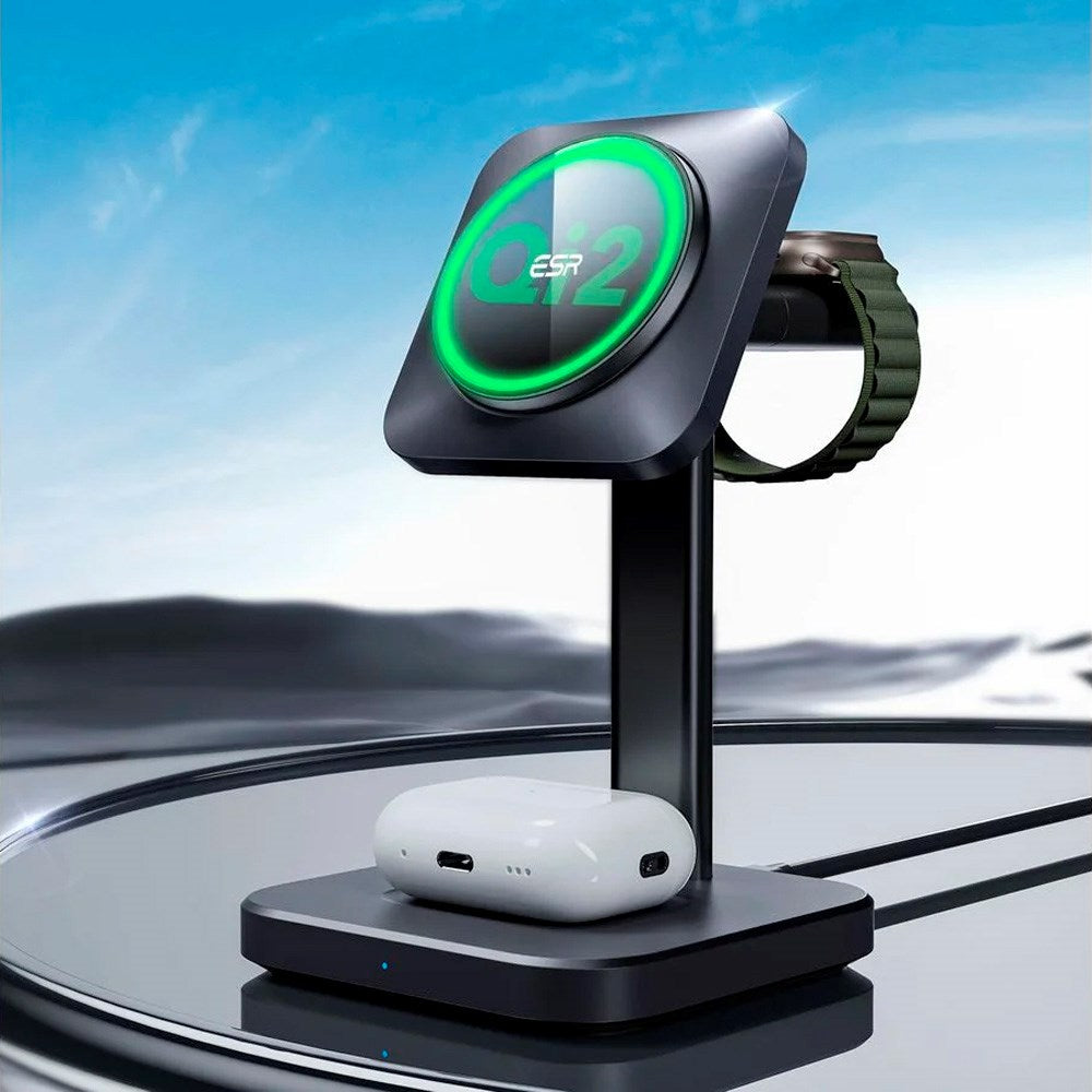 ESR 3-i-1 Qi2 Trådløs Lader med Avtakbar Apple Watch Lader - MagSafe Kompatibel - Svart