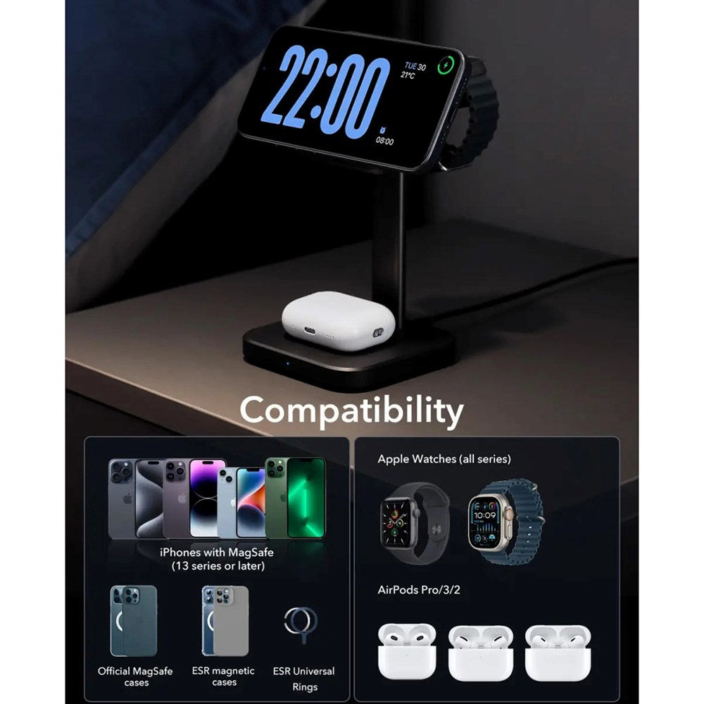 ESR 3-i-1 Qi2 Trådløs Lader med Avtakbar Apple Watch Lader - MagSafe Kompatibel - Svart