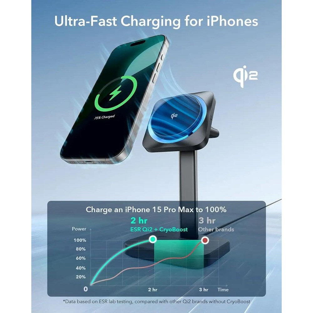 ESR 3-i-1 Qi2 Trådløs Lader med CryoBoost & Avtakbar Apple Watch Lader - MagSafe Kompatibel - Svart