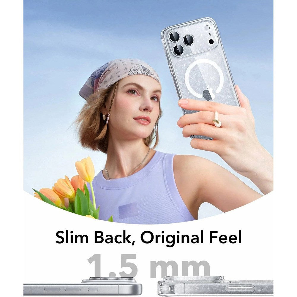 ESR iPhone 17 Pro Classic Hybrid Deksel med Kamerakontrollknapp – MagSafe Kompatibel – Gjennomsiktig / Glitter