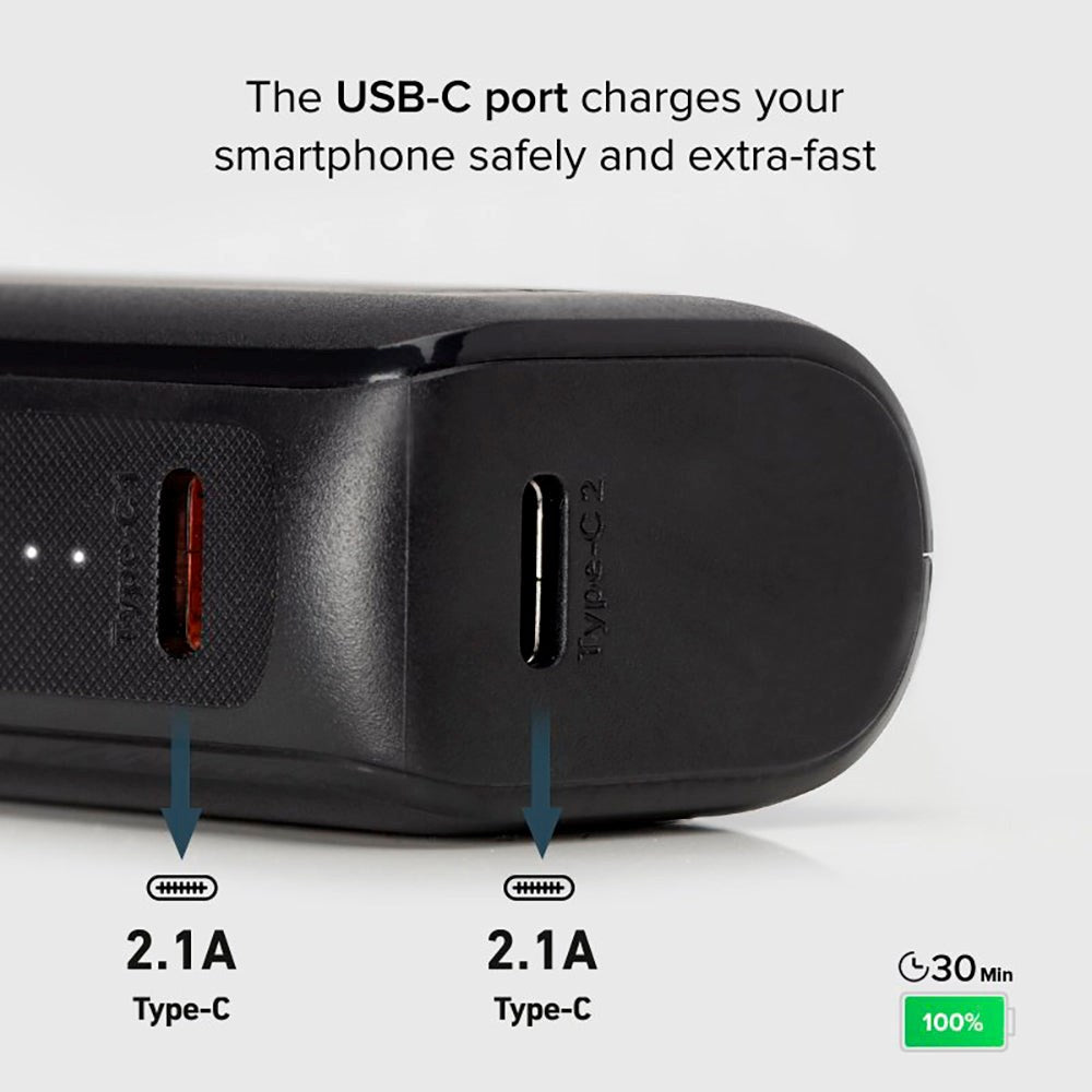 SBS NanoTube Powerbank med USB-A og USB-C 10W - 5.000 mAh - Svart