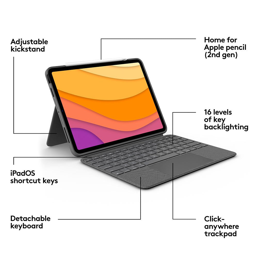 Logitech iPad Air (2022 / 2020) Combo Touch Keyboard (Dansk/Nordisk Tastatur med Deksel) - Grå