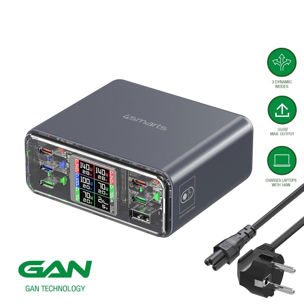 4smarts Lucid GaN DIY Bordlader - 360W / 5x USB-C & 1x USB-A - Grå