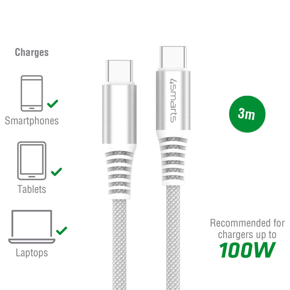 4smarts RapidCord 100W USB-C til USB-C Kabel 300 cm. - Hvit