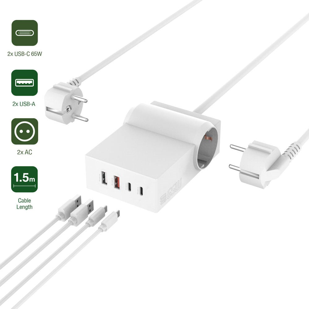 4smarts 6-i-1 GaN 65W Strømskinne m. 2x AC / 2x USB-C / 2x USB-A – Hvit
