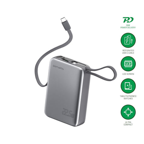 4smarts Pocket Dual Cord 22.5W PowerBank m. Innebygd USB-C Kabel - 20.000 mAh - Space Grey