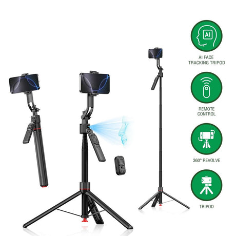 4smarts 360 AI Tripod Selfie Stick m. Ansiktssporing & Fjernkontroll - Svart