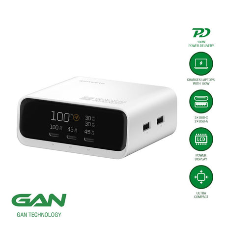 4smarts GaN Bordlader m. Skjerm - 100W / 3x USB-C & 2x USB-A - Hvit
