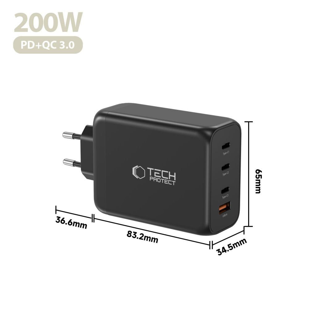 Tech-Protect 200W Vegglader m. 3x USB-C & 1x USB-A - Svart