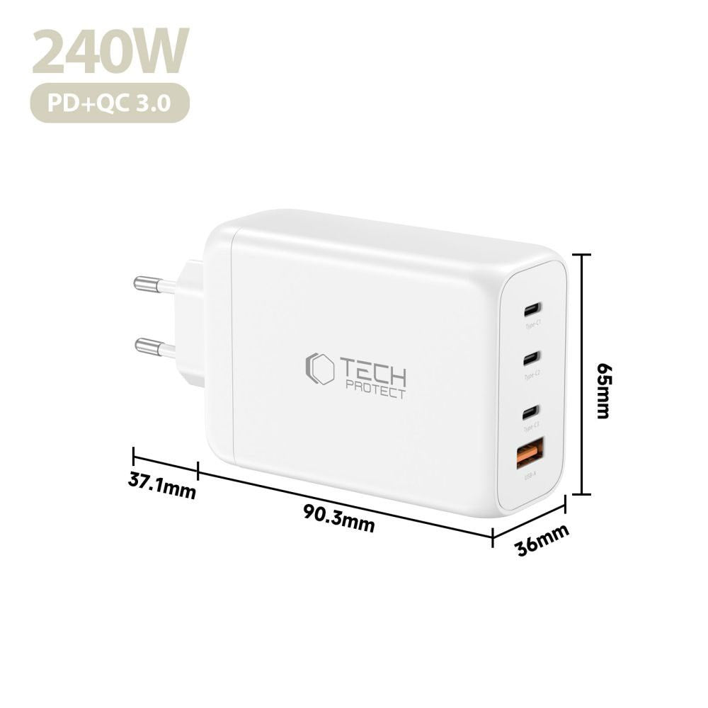 Tech-Protect 240W Vegglader m. 3x USB-C & 1x USB-A - Hvit