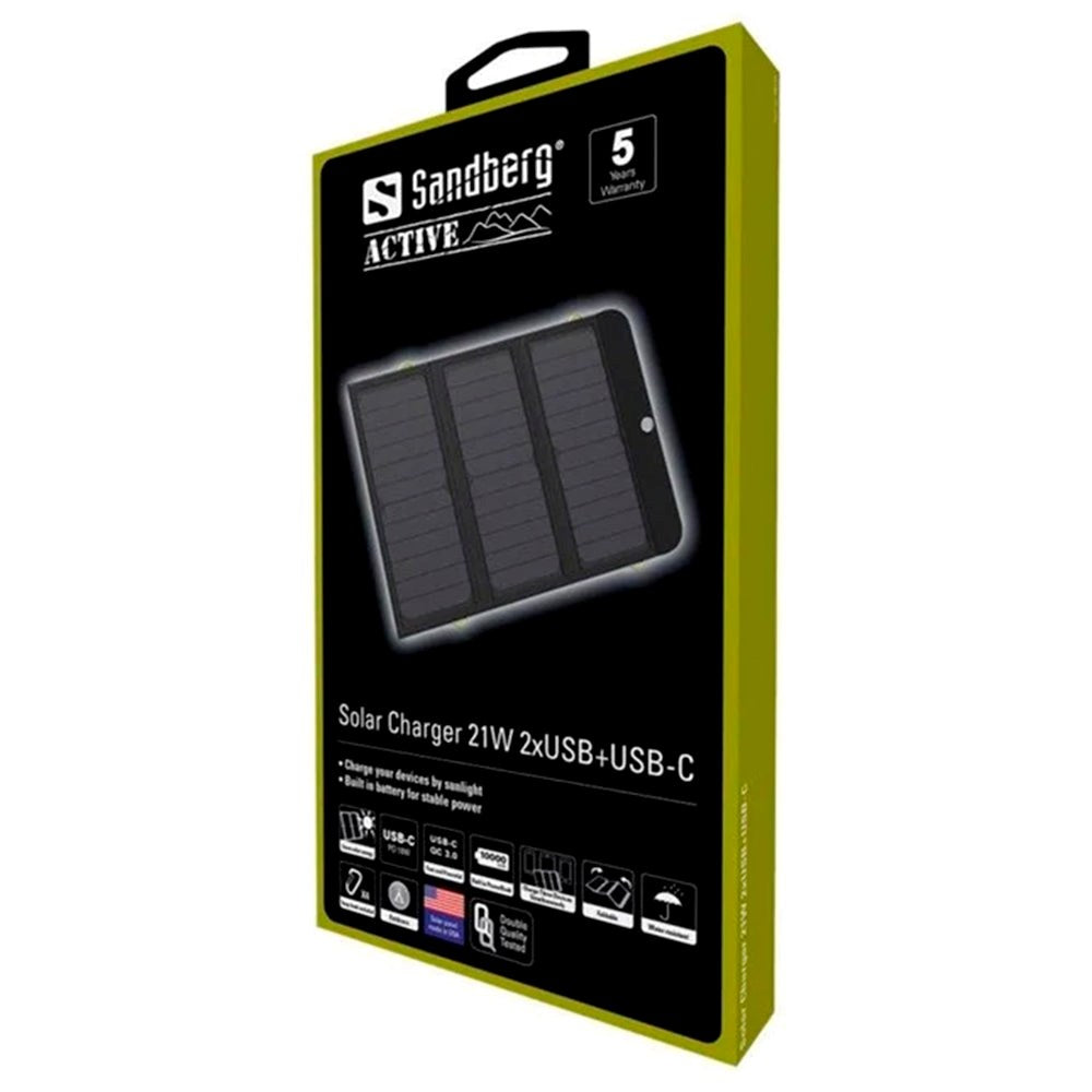 Sandberg Solcelle Powerbank Sammenleggbar 21W - 2 x USB-A 10 / 18W / USB-C (PD) - 10.000 mAh - Svart