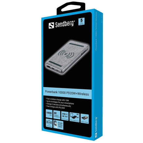 Sandberg PowerBank 20W m. Trådløs Lading - 1 x USB-C (PD) / 1 x USB-A (QC) - Sølv