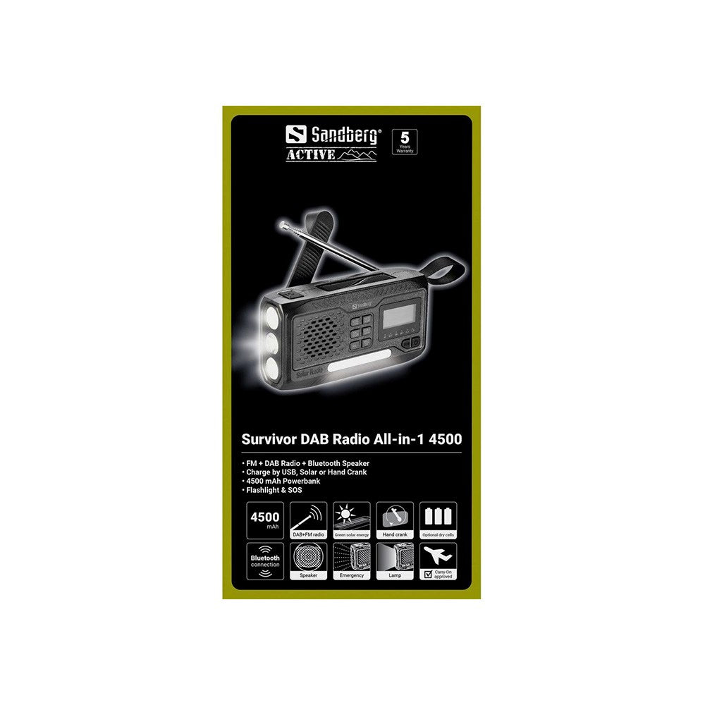 Sandberg Active Survivor Nødradio med 4500mAh Solcellelader & DAB / FM-Radio - Svart