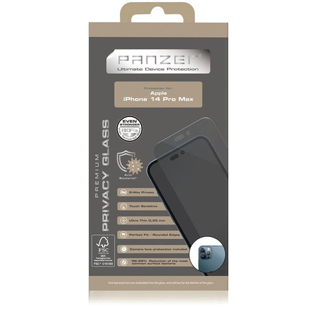 iPhone 14 Pro Max PANZER Skjermbeskyttelsesglass Premium - Personvernglass - Antibakteriell - Inkl. Kamerabeskyttelse