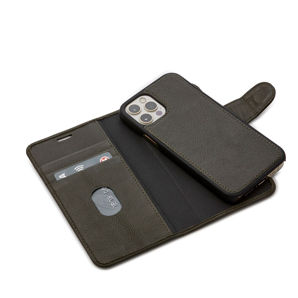 Trunk iPhone 12 Mini Ekte Skinn Deksel med Avtakbart Deksel - Grønn