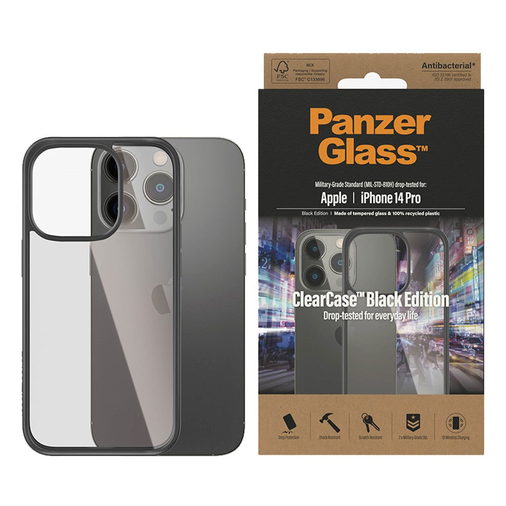 iPhone 14 Pro Deksel PanzerGlass AntiBacterial ClearCase - Svart Kant