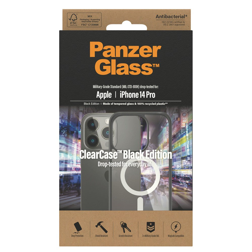 iPhone 14 Pro Deksel PanzerGlass AntiBacterial ClearCase - MagSafe-kompatibel - Svart Kant