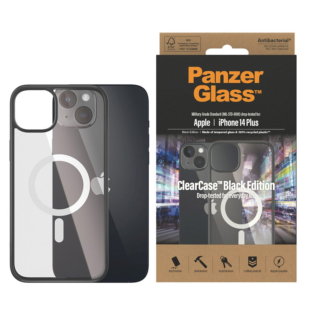 iPhone 14 Plus Deksel PanzerGlass AntiBacterial ClearCase - MagSafe-kompatibel - Svart Kant